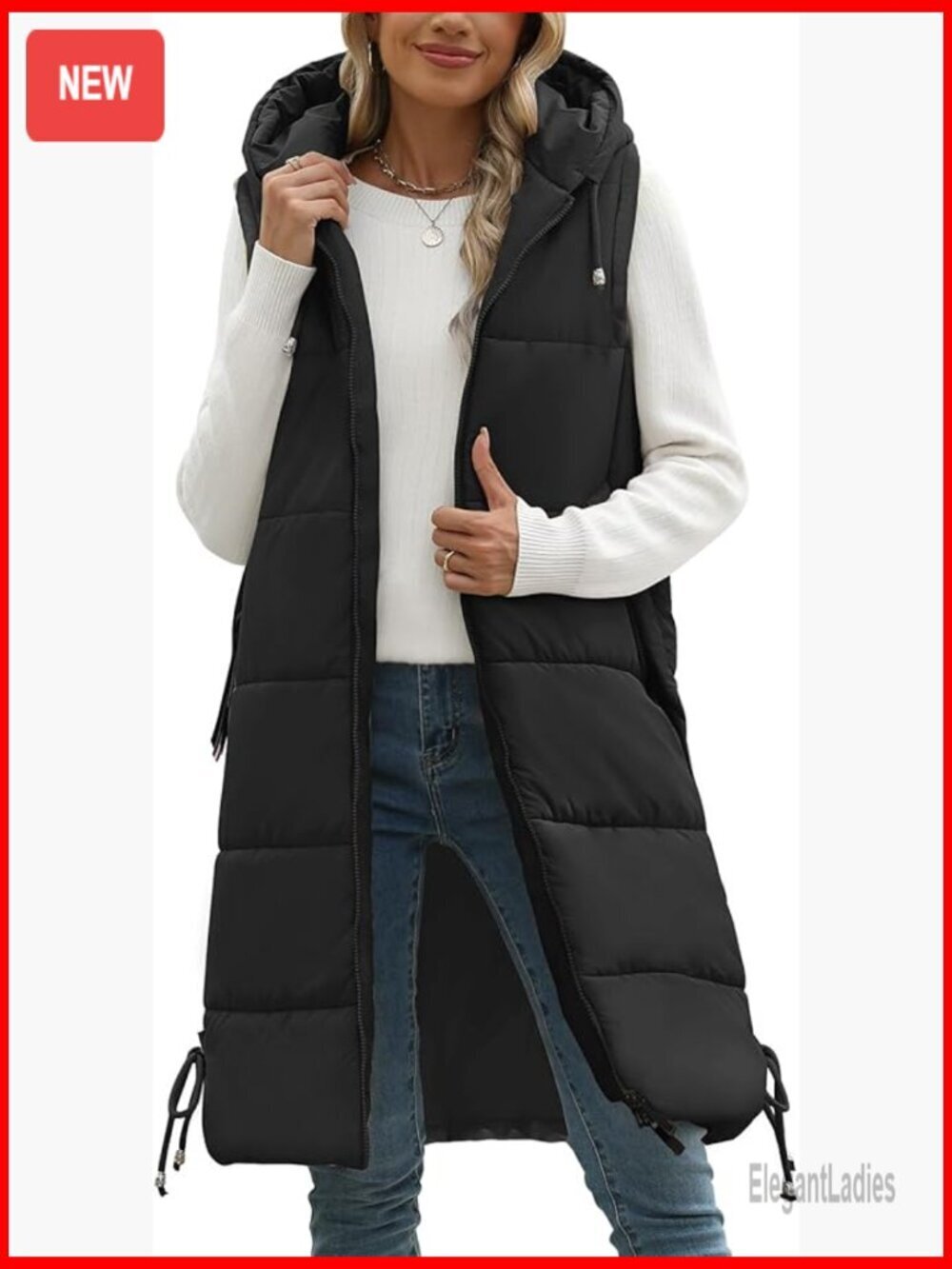 Long Hooded Puffer Vest Sleeveless Quilted Down Jacket Loose Fit Winter